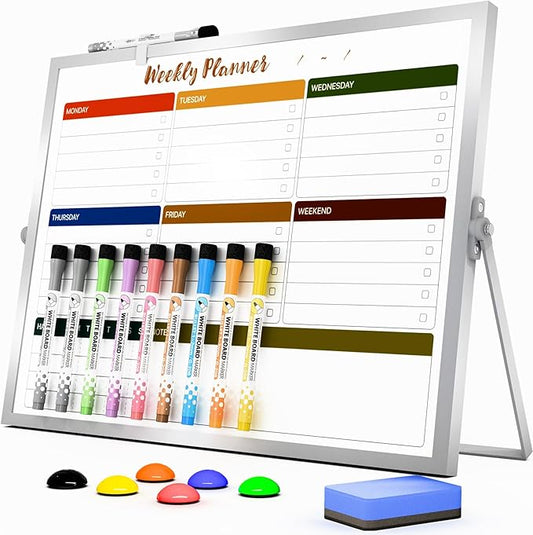 Marsrock Dry Erase White Board with Stand,Double-Sided Weekly Whiteboard 16"x12", 10 Markers, 6 Magnets, 1 Eraser, Portable Desktop Whiteboard for Planning,Weekly Schedule Board for School for Home