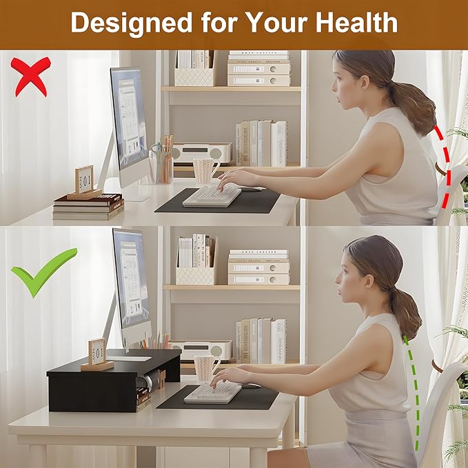 Qupui Dual Monitor Stand Riser, Large Computer Monitor Stand for Desk, Monitor Riser for 2 Monitors, Wood Desk Shelf for Top of Desk, Desktop Organizer for Computer, Laptop, Printer, TV