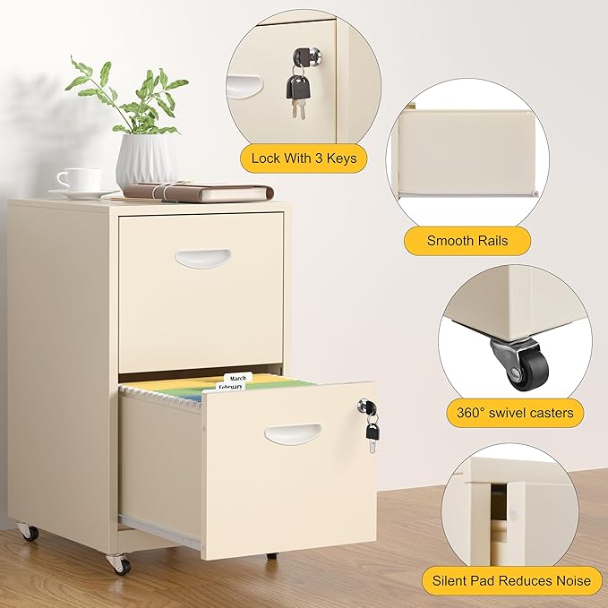 SteeLoong 2 Drawer File Cabinet with Lock，Cream Rolling File Cabinet for Home Office, Metal Small Mobile Filing Cabinets on Wheels for Hanging Letter