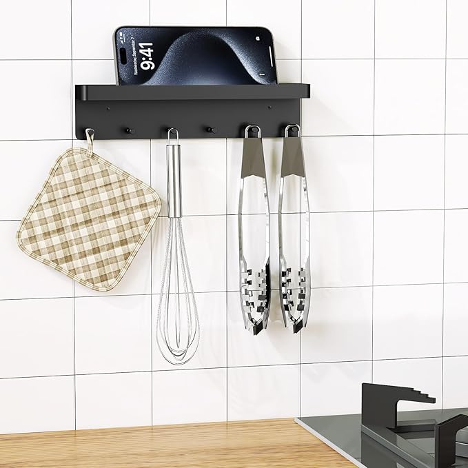 MKO Key Holder Wall Mount, Key Holder Wall Mount Adhesive with Mail Organizer Tray with 6 Key Hooks for Wall, Black