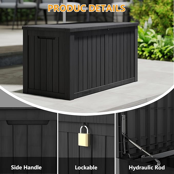 Yardgrace 270 Gallon Resin Deck Box, Waterproof Outdoor Storage Box, Lockable for Patio Furniture, Garden Tools, Pool Accessories, UV-Resistant for All Weather Use, Black