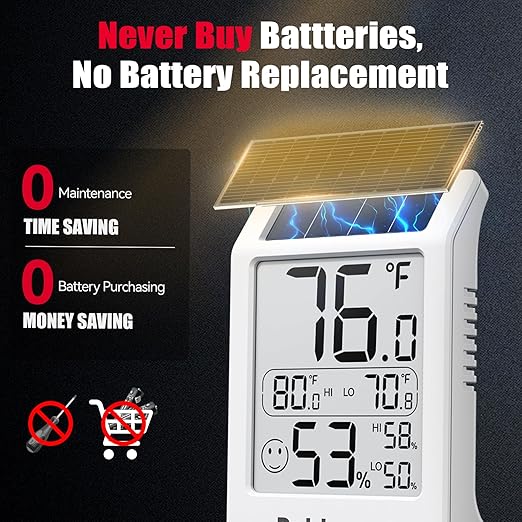 BaldrTherm Room Thermometer Indoor Humidity Meter, Solar-Powered 3.2'' Digital Temperature Sensor Monitor with Max/Min Reading, Comfort Indicator for Baby Room, Home, Office, White, 1Pack