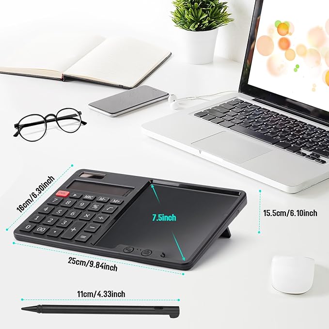 HIHUHEN Calculator with Writing Pad - Solar & Battery Dual Power Supply - 12-Digit Large Display Calculator for Business and Office Use (Black)