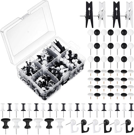600 Pcs Decorative Push Pins, Black White Thumb Tacks 6 Types Cute Push Pin Clips for Bulletin Board Wall Cork Board Colorful Classroom Decor Teacher Must Haves Supplies School Crafts Project