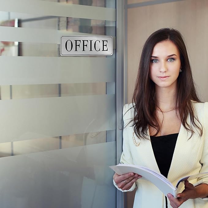 The Office Door Sign for Home and Business，Self-Adhesive Waterproof and Fade-Resistant Modern Brushed Silver Office Sign Sticker for House，Business，Door, Window（Silver）