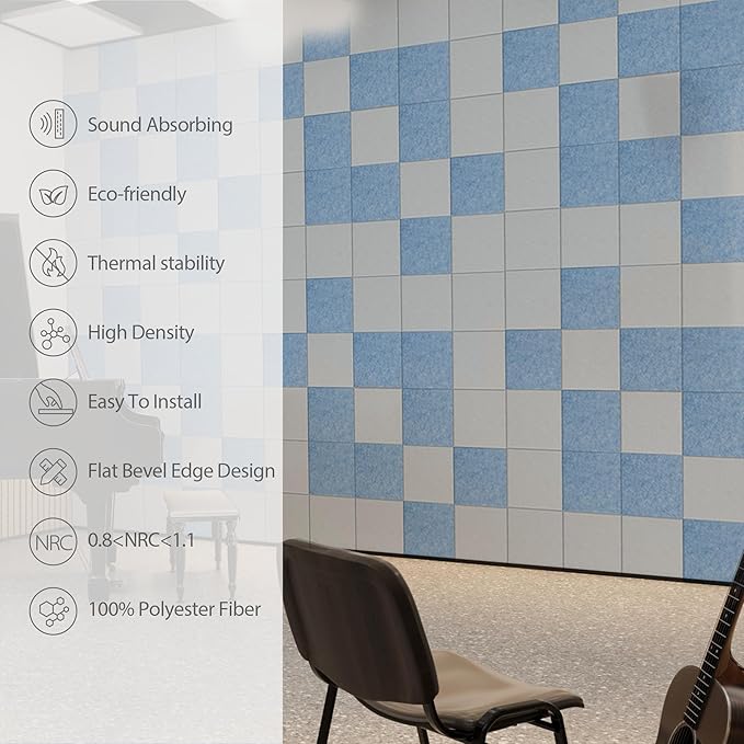 Amantech 12 Pack Acoustic Panels Self Adhesive Sound Proof Foam, High Density Sound Acoustic Panel, 12X12X0.4 Inch Square Panels in Home, Office, Reccording Room, Studio,and more(Light Sky Blue)