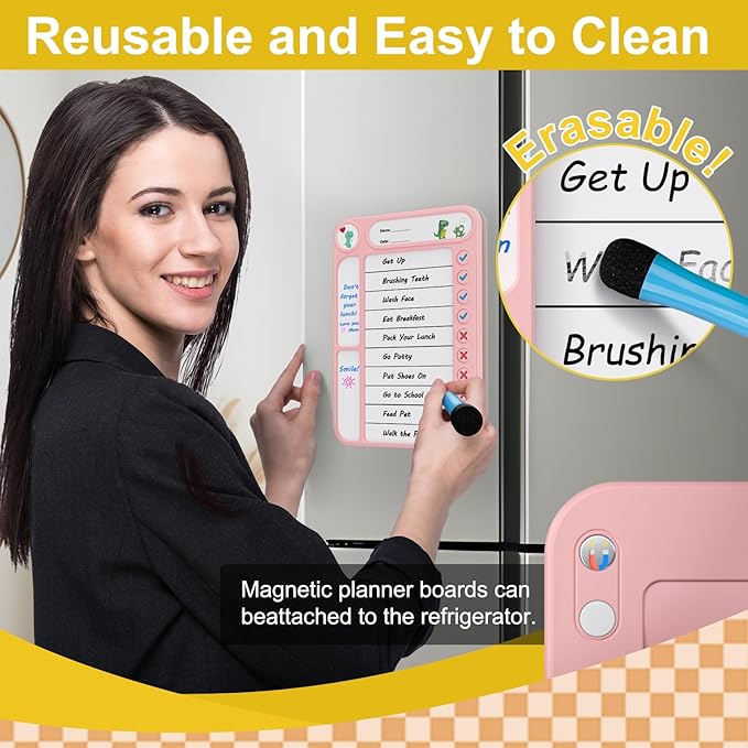 Magnetic Chore Chart for Kids, ADHD Task Tracker Easy-Check Routine Dry Erase Board, to-Do List Planning Tool with Stand for Fridge/Desk/Home/School, 6 Reusable Sheets, 2 Markers