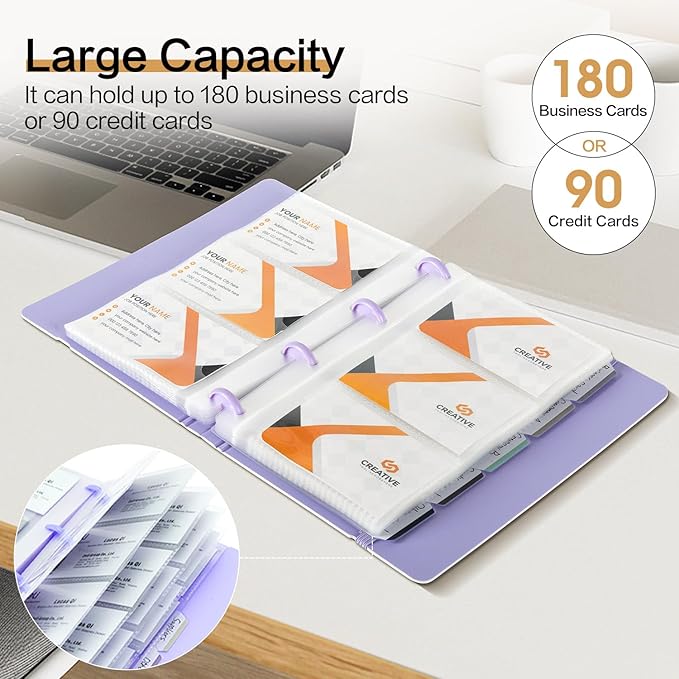 deli Business Card Holder, 180 Cards Book Portable Business Card Organizer for Men & Women, Professional Credit Cards Binder, Purple