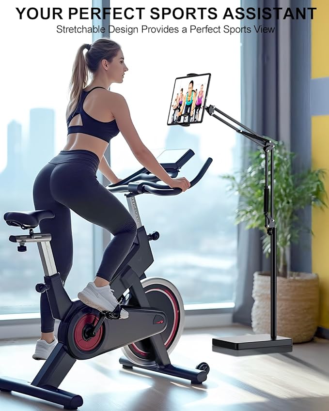 mmcrz Tablet Floor Stand with 11lb Stable Base & Desk Clamp, Adjustable Height Stretchable Arm Swivel Dual Holder, Compatible with iPhone, iPad Pro Air Mini, Galaxy Tab, Kindle, Phones (4.5''-13'')