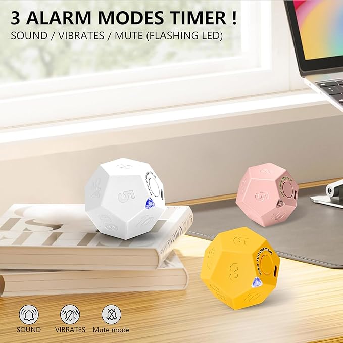 Mini 12 Sided Cube Timer, 11 Preset Times Pomodoro Timer for Enhanced Productivity. Ideal for ADHD Management, Workout, Study & Kitchen Cooking. Easy to Use（White）