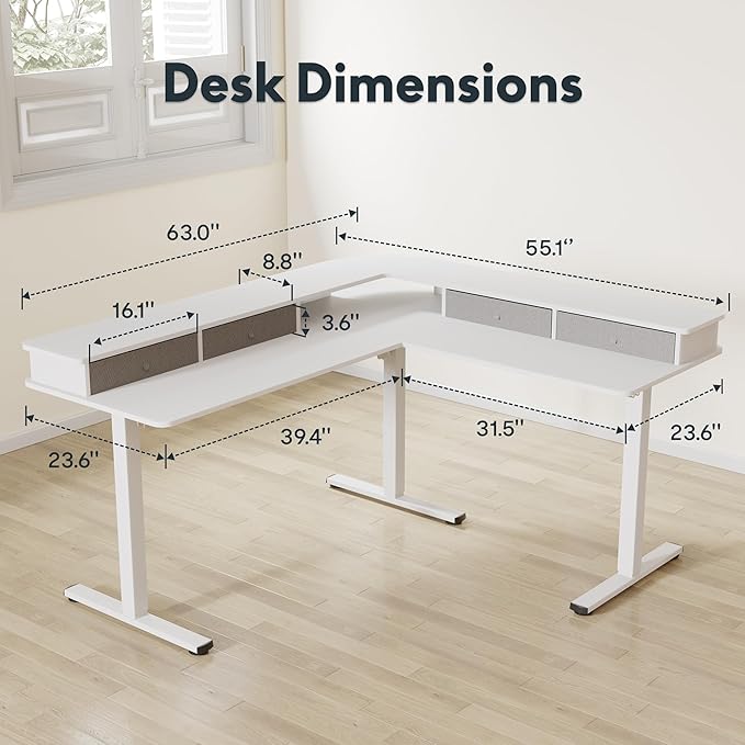 FLEXISPOT 63" L Shaped Standing Desk with Shelf Electric Corner Table, Drawers, Adjustable Computer Workstation for Home, Office,63x55in, White Top + White Frame