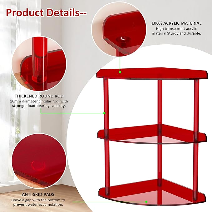 Sezanrpt 3 Tier Acrylic Corner Shelf Organizer Storage 9.5x9.5x15.7 Inch, Red Countertop Corner Shelf for Bathroom, Kitchen, Bedroom, Office, Study Room