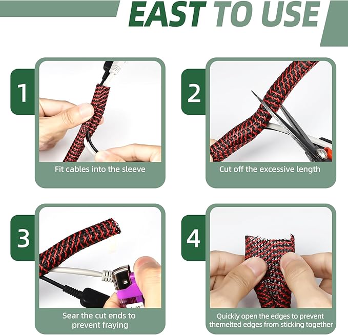 Split Wire Loom Tubing, Cable Protector Sleeve, Braided Cable Management for TV/Computer/Home Theater/Engine Bay, Cord Protectors from Pets No Chew (Red and Black, 3/4"-10ft)
