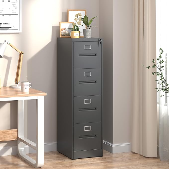 Yukimo 4 Drawer File Cabinet, Vertical File Cabinet with Lock, Metal Locking Filing Storage Cabinet for Home Office, Hanging Files for A4/ Legal/Letter, Assembly Required, Black