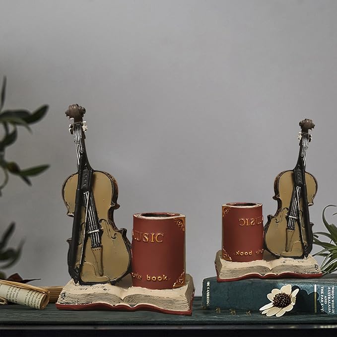Jaugufiy Resin Violin Sculpture Pen Holder Pencil Holder Pen Organizer Cosmetic Brush Holder Decorative Pen Box Pen Pot Makeup Brush Pot (Red)