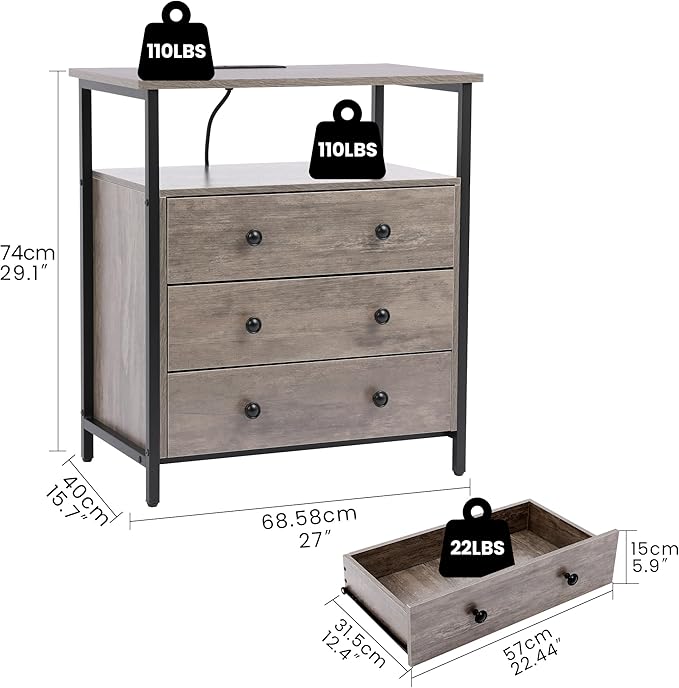 Edbuosy 3 Wooden Drawers Night Stand, 27 Inch Wide Nightstand with Charging Station and Adjustable Drawers, Small Dresser for Closet, Bedside Table for Living Room/Bedroom/Office, Gray.