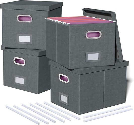 4 Pack File Storage Organizer, Document Organizer, Portable File Box with Lid, Fit for Letter/Legal File Folder Storage,Dark Gray-Box only