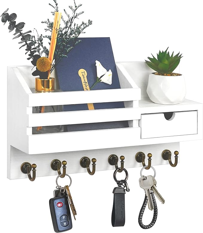 FifthQuarter Key Holder Wall Mount: Key and Mail Holder for Wall with 6 Hooks and Storage Drawer, Easy Installation Key Rack for Entryway Home Decor (A-White)