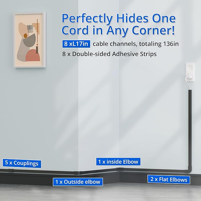 Cord Hider Wall for One Cord 136in, ZhiYo Cord Covers for Wires on Wall, Easy Install Cable Cover Wall, Black Cable Raceway Hide Cords, Cable Hider Cord Management Wall, 8X L17in, W0.6in H0.4in