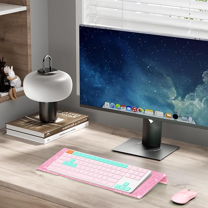 BEEGO Ergonomic Computer Keyboard Stand - Glitter Pink Acrylic Keyboard Riser Tilted Keyboard Holder Keyboard Tray with Pink Non-Slip Strip for Easy Typing at Home School Office Desk Accessories
