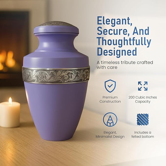 Modern Memorial Aluminum Large Urns - Urn for Adult Male and Female, Memorial Keepsake for Ashes (Purple Silver Band)