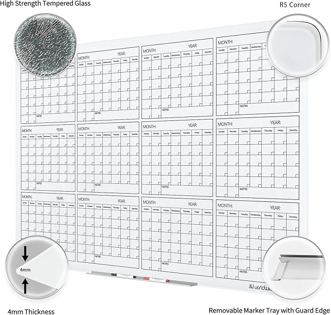 Magnetic Whiteboard Glass Board Yearly Calendar - 35" X 47" Large Wall Whiteboard - Dry Erase Planner for Wall Home, School, Office