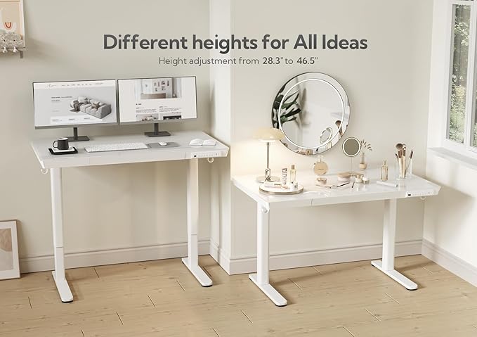 Claiks Glass Standing Desk with Drawers, 55 Inch Adjustable Stand Up Desk, Quick Install Home Office Computer Desk with USB Ports, White