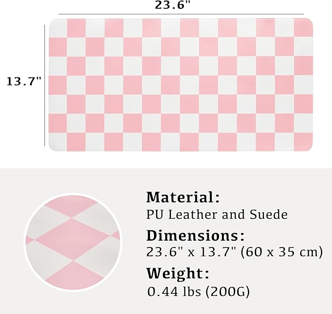 Ohocut Checkered Desk Mat, Large Cute Aesthetic Retro PU Leather Computer Laptop Desk Mat, Non-Slip Waterproof Mouse Keyboard Pad, Desk Writing Mat for Work/Home (Pink, 23.6" x 13.7")