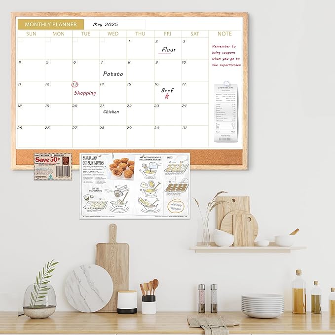 ARCOBIS Calendar Whiteboard with Cork Board, 36"x24" Wood Frame Dry Erase Calendar for Wall, Magnetic Monthly Combination Board for Home, Office, School, Kitchen, Beige