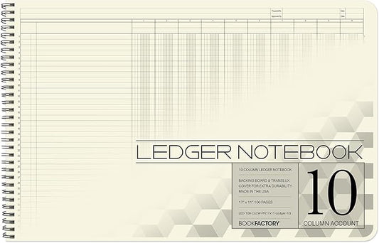 BookFactory Accounting Ledger Notebook/Large 10 Column Accounting Ledger Columnar (Ten Columns) Log Book - 17'' x 11'', 100 Pages, Wire-O Landscape Format (Made in USA)