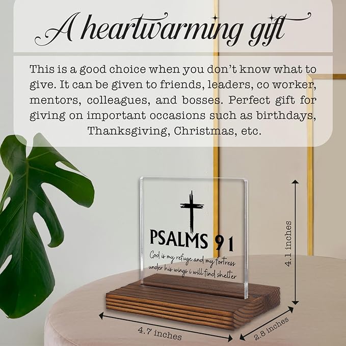 Psalm 91 Desk Sign, Christian Bible Verse Decor with Cross, God Is My Refuge and Fortress Gift for Women Men, Inspirational Faith Plaque for Office, Birthday, Baptism, Retirement, Christmas PA130
