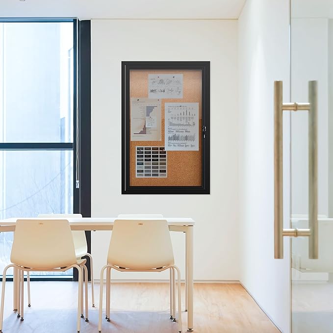 36"x24" Lockable Enclosed Bulletin Board, Outdoor Cork Weather-Resistant Aluminum Frame Notice Board, Wall Mounted Display Case Acrylic Doors for School,Office,Black Frame w/Cork