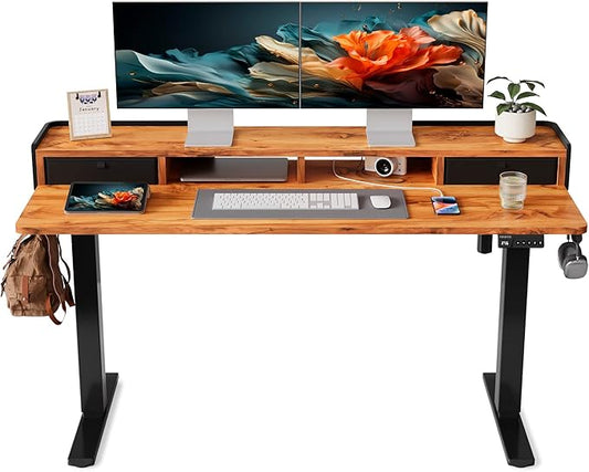 YIHAYO Electric Standing Desk with Drawers, 60 x 24 Inches Adjustable Desk with Storage Shelf, Computer Table with Splice Board for Home Office, Black Frame/Rustic Brown Top