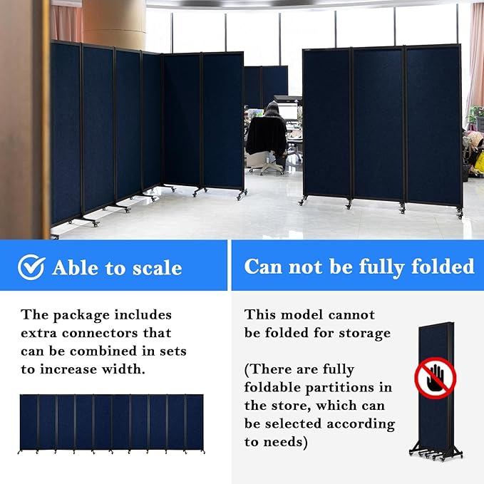 Upgrade Version Room Partition and Divider, Freestanding Rolling Dividers with Wheels,Office Privacy Screen Divider Wall,Classroom Felt Dividers,12'2"L* 6'7"H,6 Panel，Blue