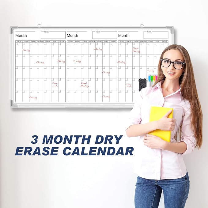 Lincia 36" x 18" Magnetic Horizontal 3 Month Dry Erase Calendar for Wall Undated Dry Erase Wall Calendar Planner Aluminum Frame Whiteboard Calendar for Home Office Projects Wall Fridge