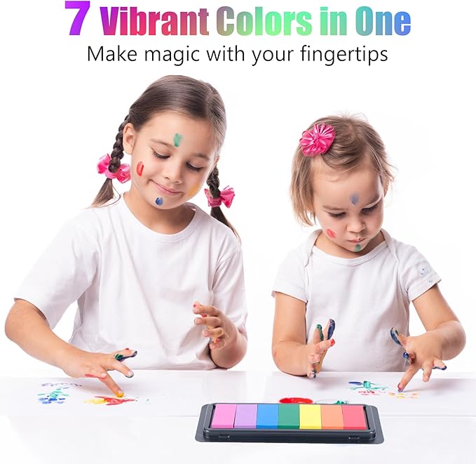 CraftyManor 7 Rainbow Colors Washable Stamp Pad for Finger Paint, Latex Foam Washable Fingerprint Ink Pads for Clothing Stamp, Letter Stamps…(2PCS)