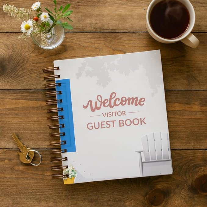 Paper 'n Such Guest Book for Rental House - Vacation Home - Short Term Rentals, Host Essentials, Spiral Hardcover Welcome Log for Airbnbs- 200 Pages (White/Blue)