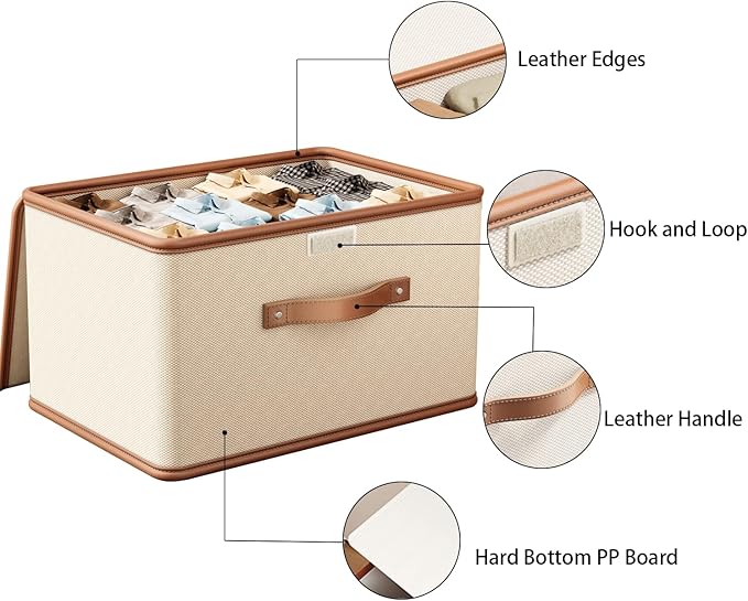 Tuza 4 Pack Storage Bins with Lids, Collapsible Closet Organizer Container, Fabric Organizer Box with Handles, Decorative Storage Boxes with Lids for Organizing Clothes, Books, File, White, Medium