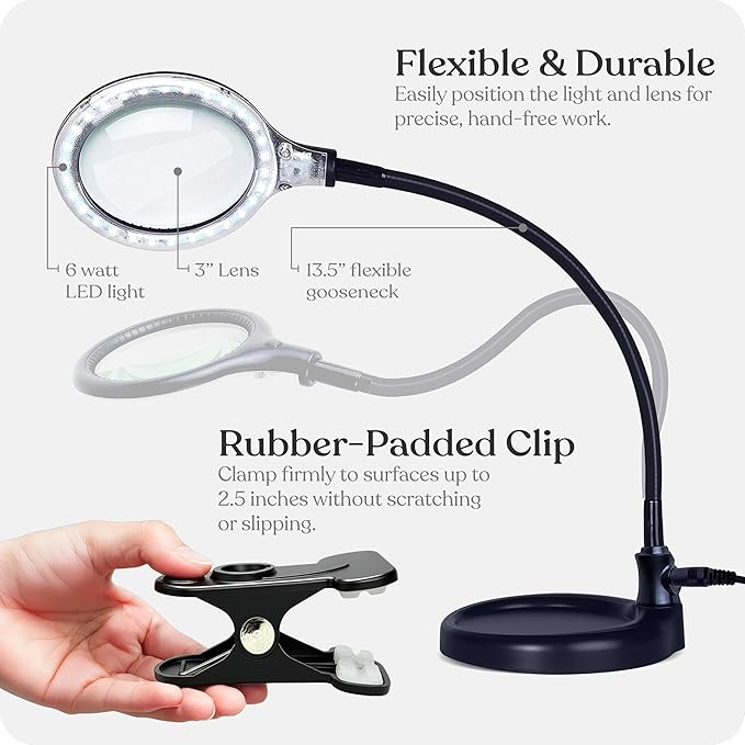 Brightech LightView Pro Flex 2 in 1 Magnifying Desk Lamp, 2.25x Light Magnifier, Adjustable Gooseneck Magnifying Glass with Light for Crafts, Reading, Close Work