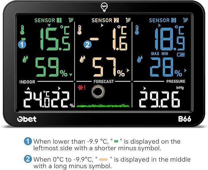 OBET Weather Station Wireless Indoor Outdoor Thermometer Wireless, Color Display Digital Temperature and Humidity Monitor with 3 Sensors, Alerts, Adjustable Backlight, USB Port (500 Feet)