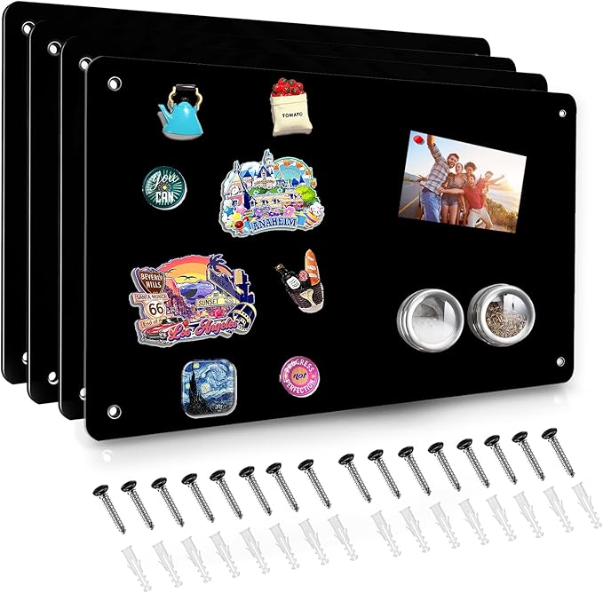4 Pack Black Magnetic Board,17.5" x 11.4" Magnet Bulletin Board to Display Magnetic Notes, Poetry, Photos, Suitable for Wall, Refrigerator, Cabinet etc, Come with 16 Plastic Anchor Bolts and Screws