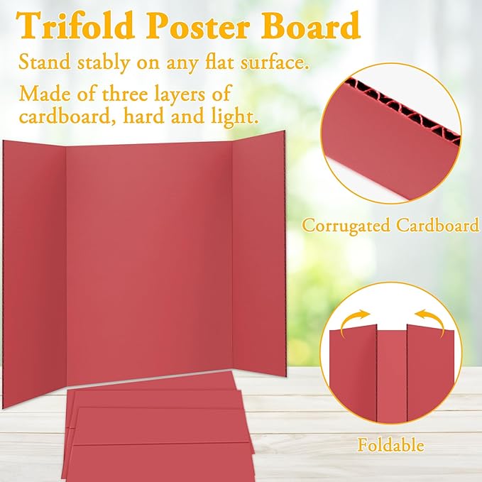 AKONEGE 4PCS Medium Trifold Poster Board 26" x 16" Red Tri Fold Presentation Boards, Corrugated Cardboard Picture/Project Display Boards for Event, Exhibition, Business, School Project, Science Fair