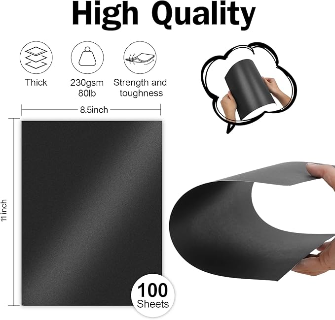100 Sheets Black Shimmer Cardstock 8.5 x 11 Metallic Paper, Goefun 80lb Halloween Card Stock Letter Size Sheets for Invitations, Scrapbooking, Crafts, Graduations