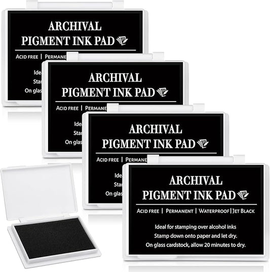 MotiMind 4 Pcs Black Archival Pigment Waterproof Ink Pad for Stamps 3.7 x 2.5 Inch Permanent Waterproof Black Ink Pad for Card Making, Stamping, Scrapbooking Gift