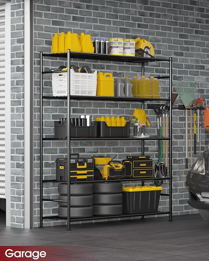 Sakugi Storage Shelves - 5 Tier Shelf Organizer, Heavy Duty Garage Shelving Unit with Leveling Feet, Stable Metal Shelves Organizer for Pantry, Kitchen and Closet, 47.3" W x 12.6" D x 60.8" H, Black