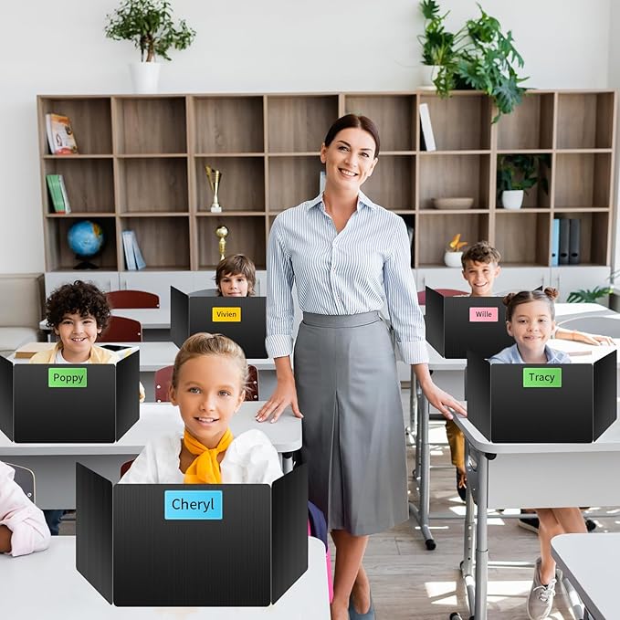 6 Pack Black Desk Dividers for Students, Privacy Shields Folder for Students, Durable & Waterproof Plastic Study Board, Classroom Teacher Supplies Test Divider, Includes Extra Labels