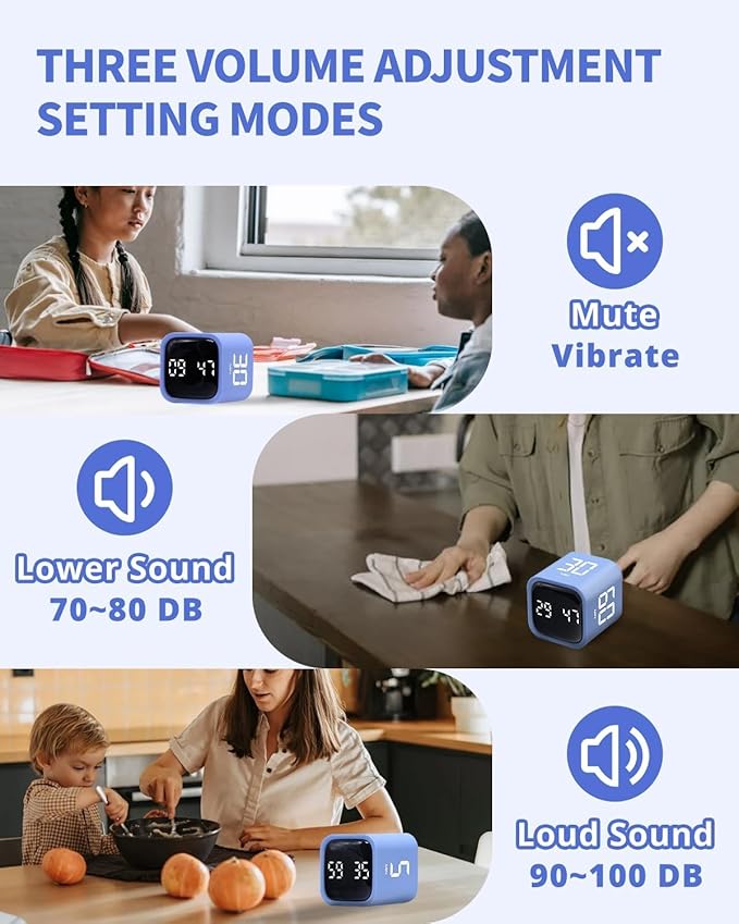 Productivity Timer Flip Gravity Sensor Cube Timer Countdown & Countup,Mute & Vibrate & Sound，5/10/30/60min & Custom Timing, Perfect for ADHD,Work,Learning,Kitchen Cooking (2 Blue)