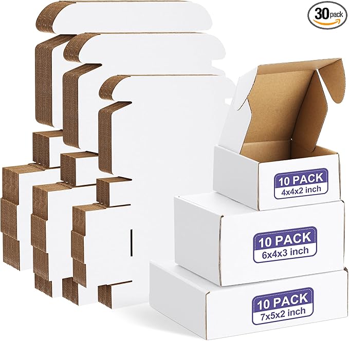 Eupako 30 Pack Small Shipping Boxes Assorted Sizes, 4x4x2, 6x4x3, 7x5x2-10 PCS Each Small Boxes, White Corrugated Box Mailers, Cardboard Boxes for Packaging Small Business, Mailing