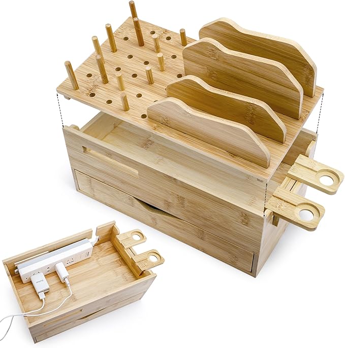 Yopay Family Charging Station with Drawer, Bamboo Charging Station for Multiple Devices, Cell Phone Docking Stations Organizer for Tablet, Laptop, Nightstand Bedside Desk Device Charger Organizer