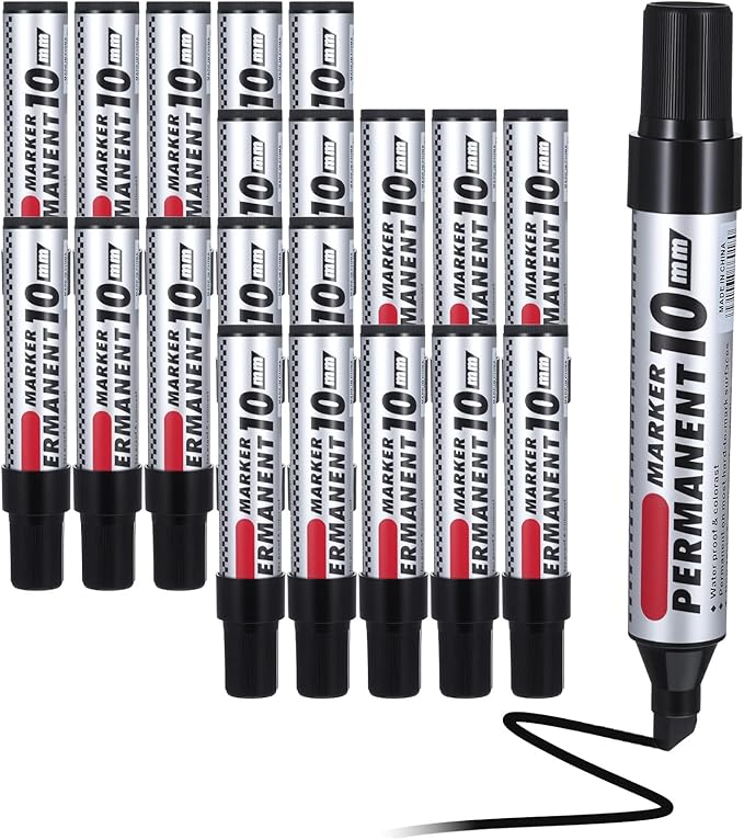 AojSup 20 Pack Jumbo Size Permanent Markers Bulk Permanent Markers Set Chisel Tip Pens Waterproof for Industrial Use Work on Wood Metal Plastic Stone Glass (Black)